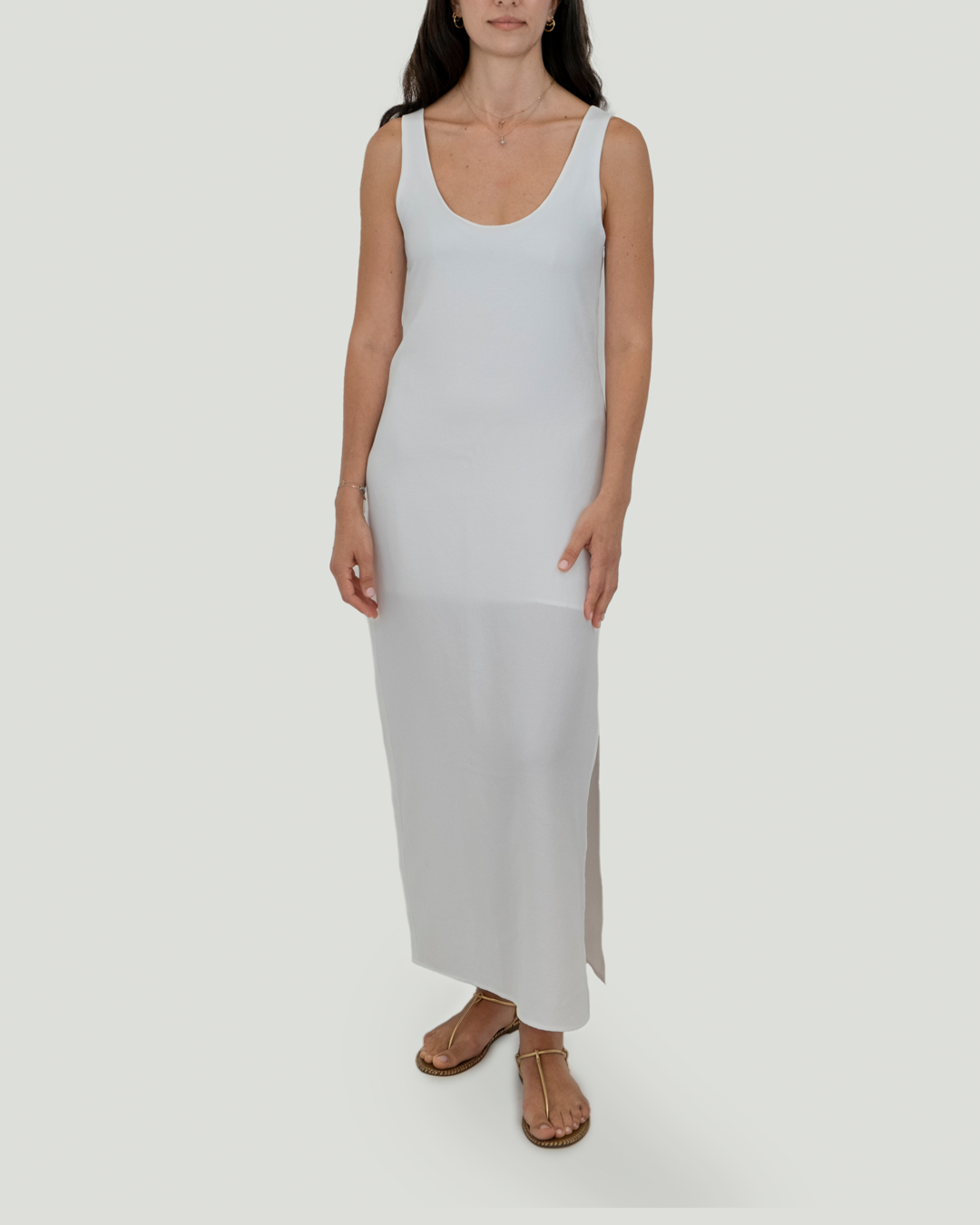 U Yakalı ve Sırt Detaylı Keten Cotton Maxi Elbise, Beyaz