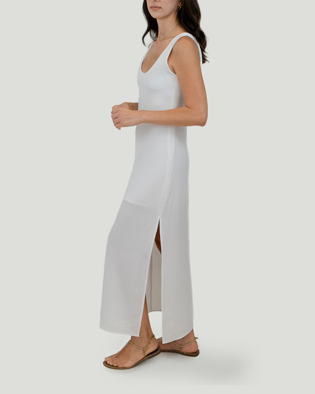 U Yakalı ve Sırt Detaylı Keten Cotton Maxi Elbise, Beyaz