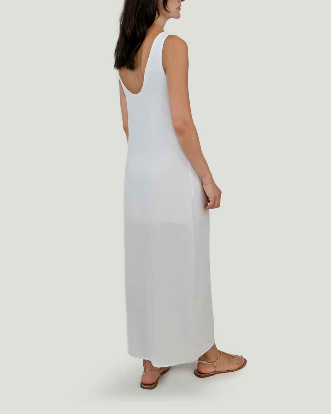 U Yakalı ve Sırt Detaylı Keten Cotton Maxi Elbise, Beyaz