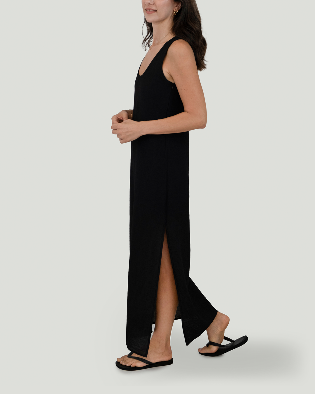 U Yakalı ve Sırt Detaylı Keten Cotton Maxi Elbise, Siyah