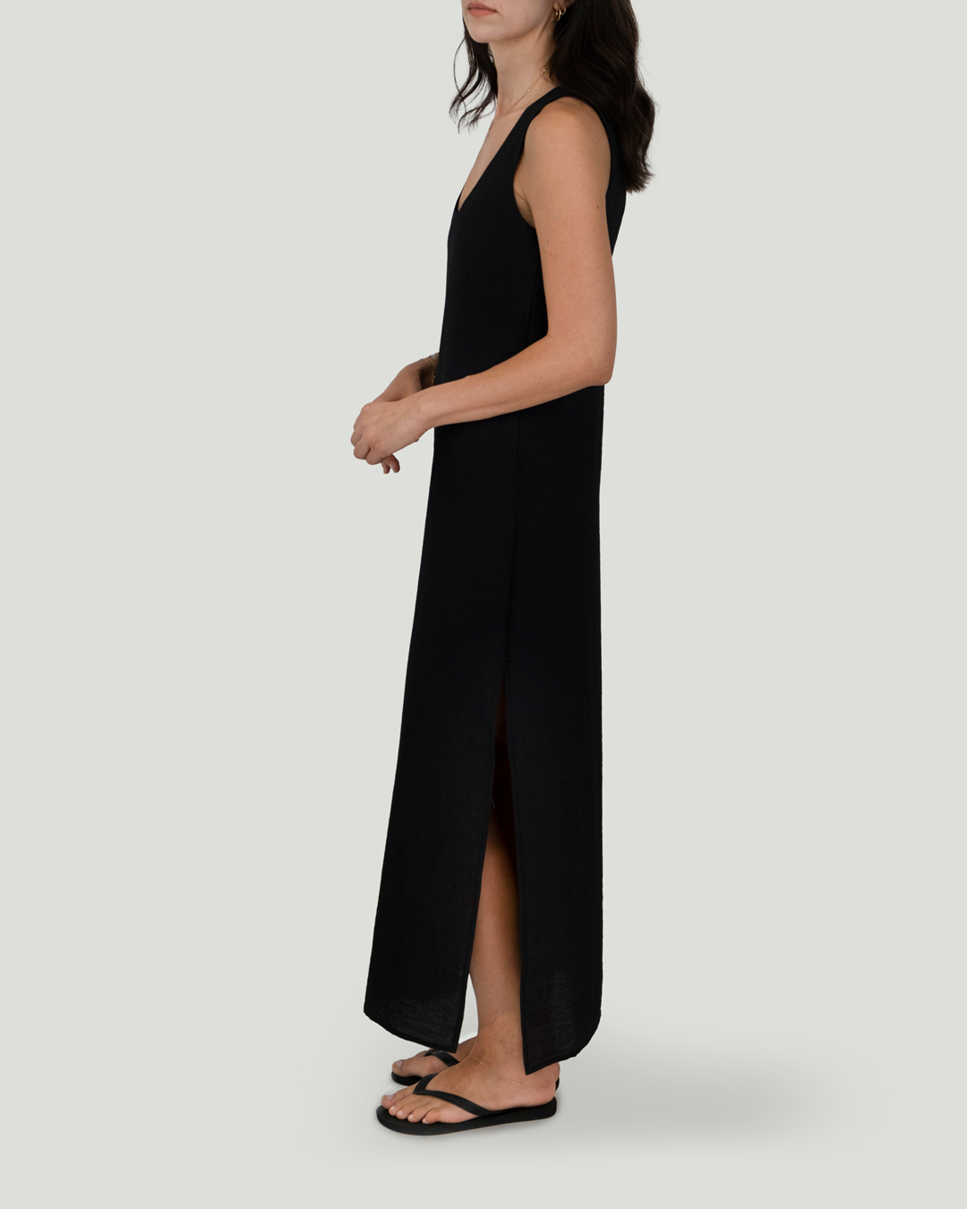 U Yakalı ve Sırt Detaylı Keten Cotton Maxi Elbise, Siyah