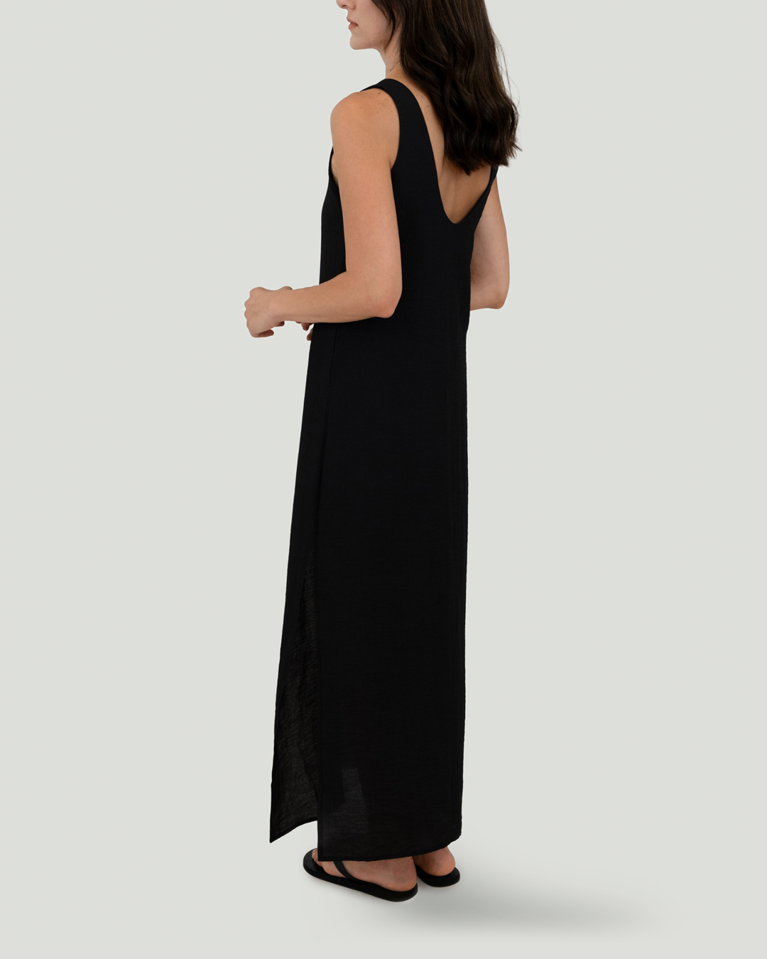 U Yakalı ve Sırt Detaylı Keten Cotton Maxi Elbise, Siyah
