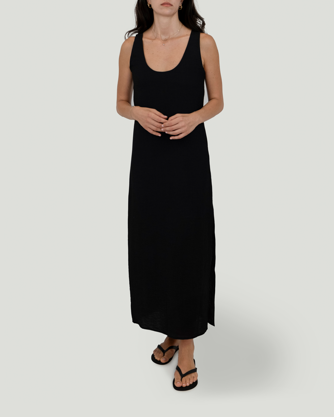 U Yakalı ve Sırt Detaylı Keten Cotton Maxi Elbise, Siyah