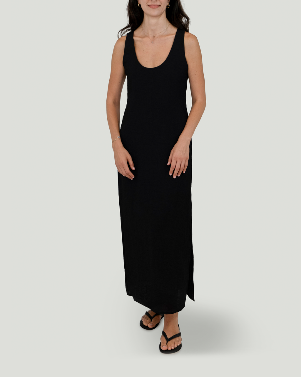 U Yakalı ve Sırt Detaylı Keten Cotton Maxi Elbise, Siyah