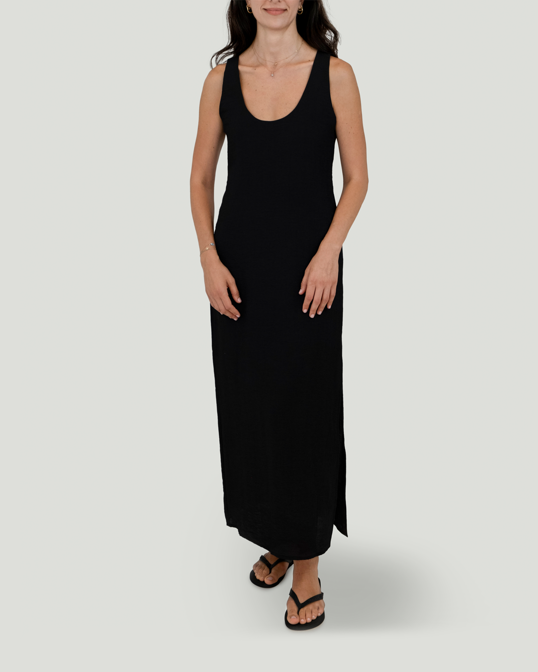 U Yakalı ve Sırt Detaylı Keten Cotton Maxi Elbise, Siyah