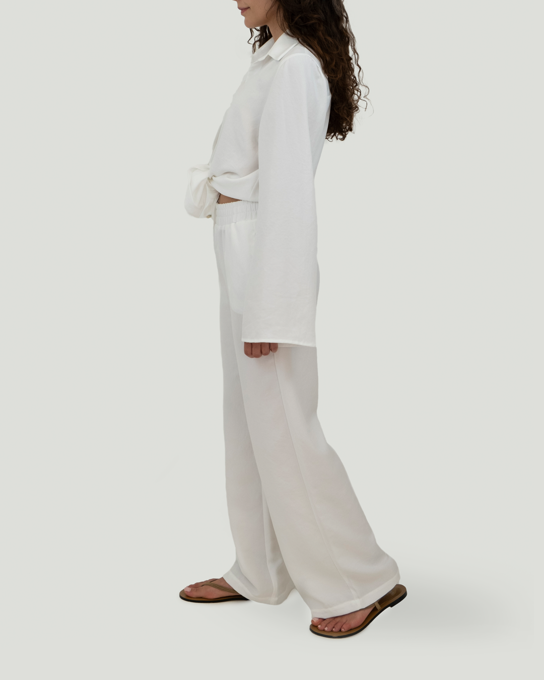 Beli Lastikli Keten Cotton Pantolon, Beyaz