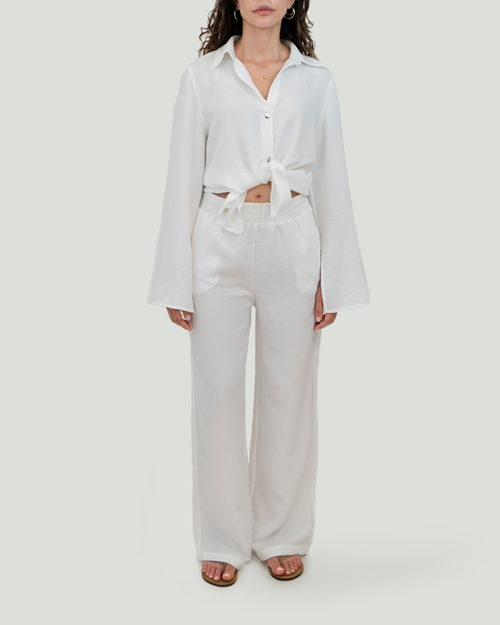Beli Lastikli Keten Cotton Pantolon, Beyaz