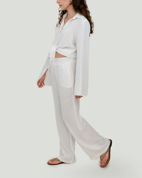 Beli Lastikli Keten Cotton Pantolon, Beyaz