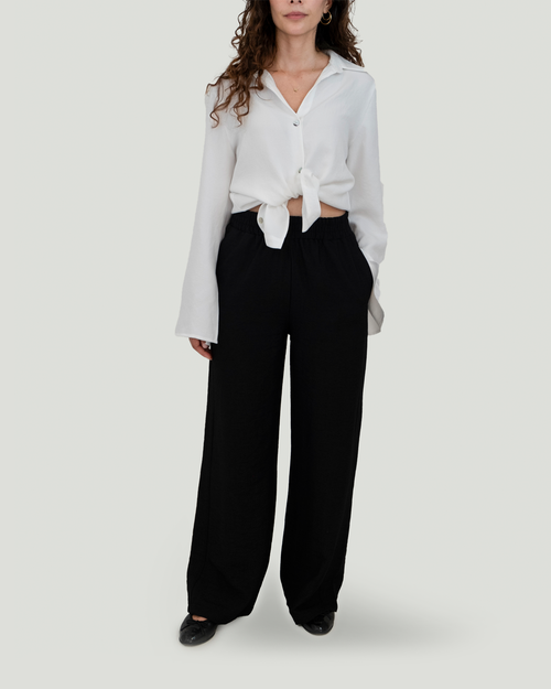 Beli Lastikli Keten Cotton Pantolon, Siyah