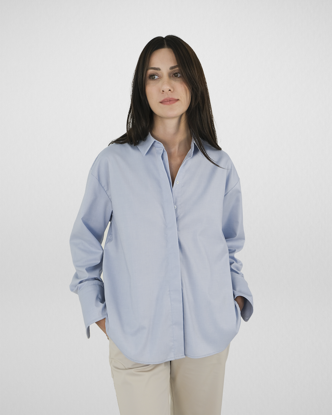 Düşük Omuzlu Oxford Gömlek, Açık Mavi