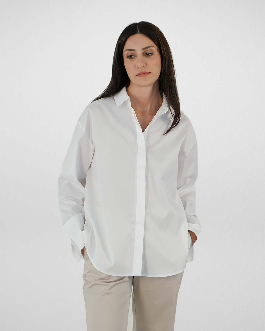 Düşük Omuzlu Oxford Gömlek, Beyaz