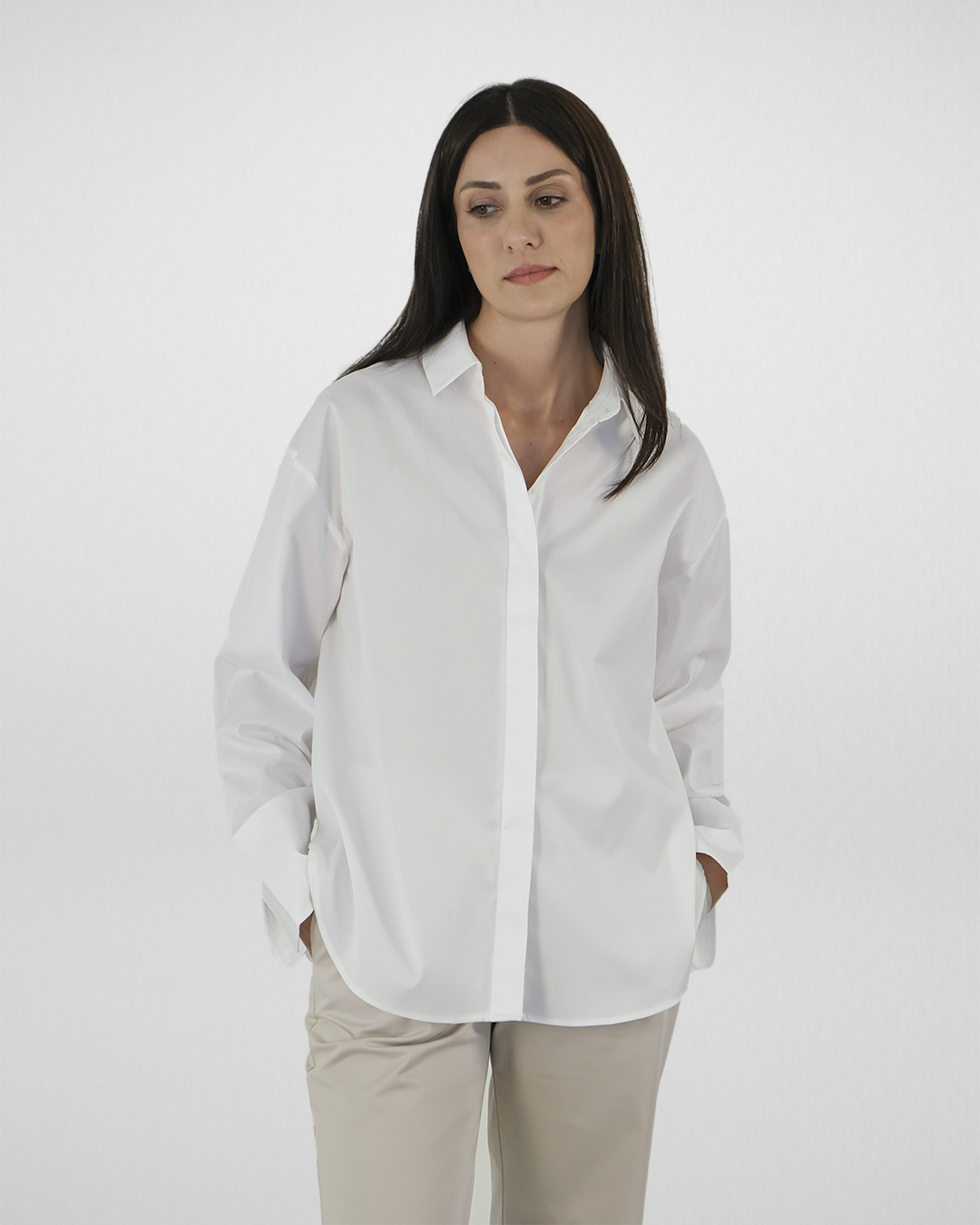 Düşük Omuzlu Oxford Gömlek, Beyaz